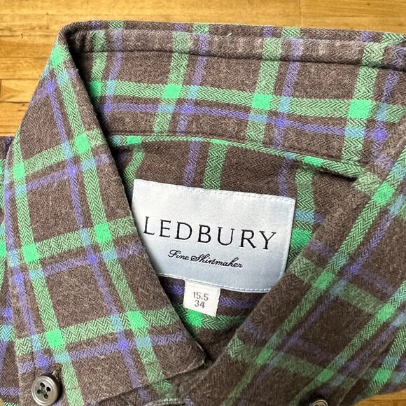 Ledbury Mens Brown Green Plaid Long Sleeve Button Down Size 15.5 - Picture 3 of 8
